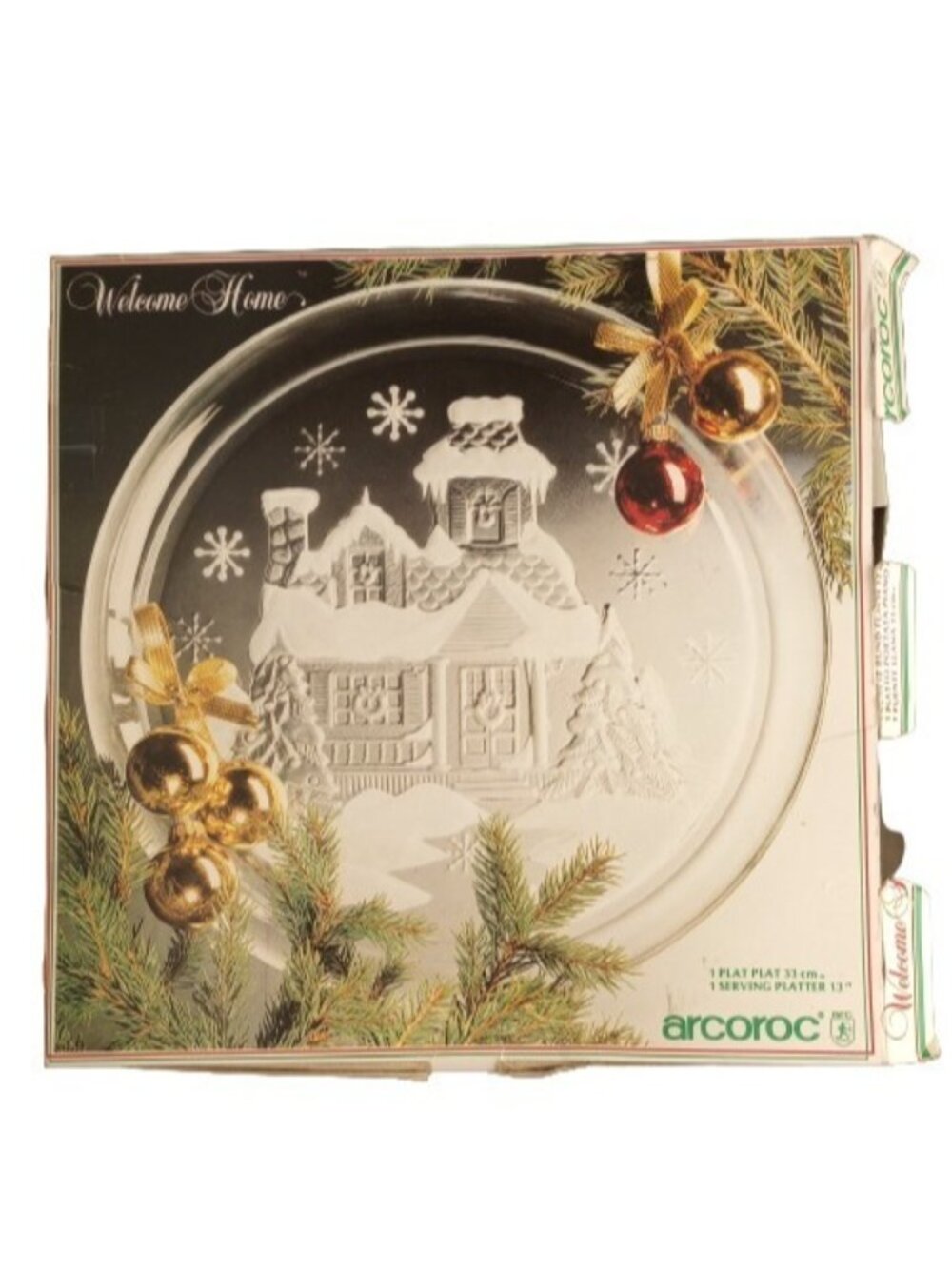 Arcoroc Welcome Home Serving Platter Glass Charcuterie Cheese Christmas 13" VTG
